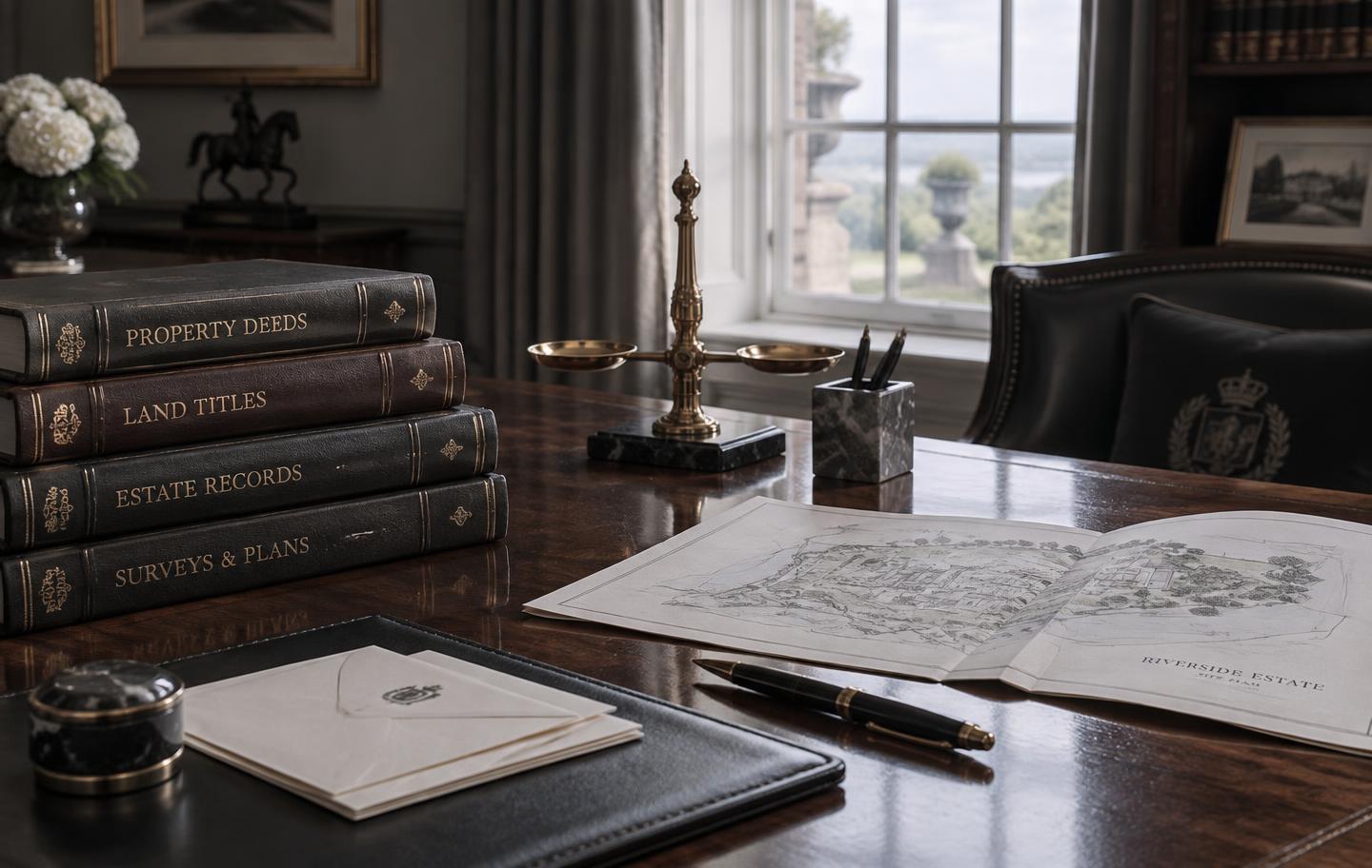 Deeds, land titles and estate plans on a private office desk